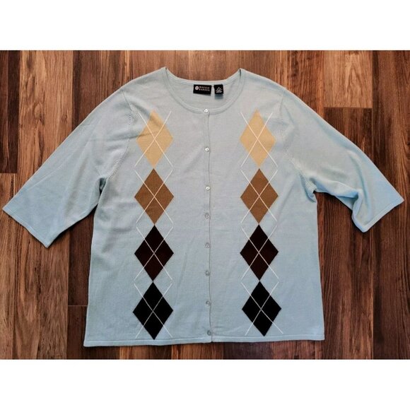 Maggie Barnes Aqua Brown Argyle 3/4 Sleeve Lightweight Cardigan Sweater Sz 1X - Picture 1 of 5